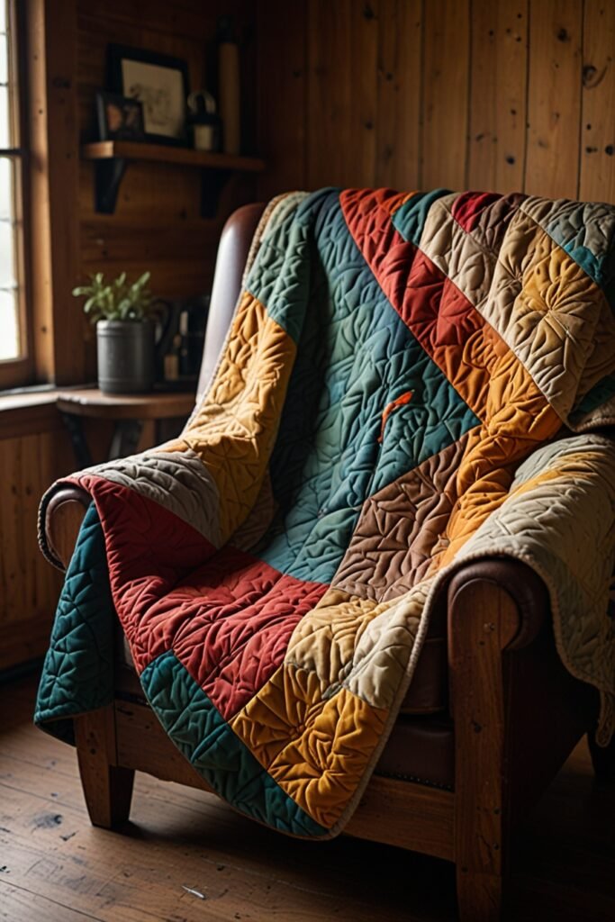 DIY cabin decor project with a homemade quilted throw blanket.