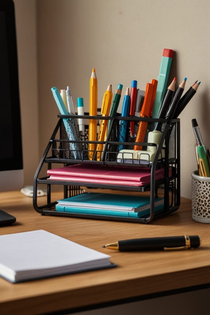 Tidy home office with a desk organizer and clean workspace.