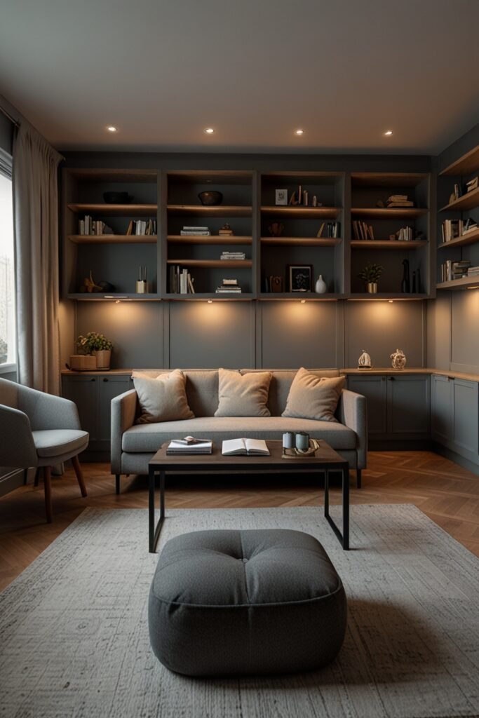 Home office with a convertible sofa and multi-functional layout.