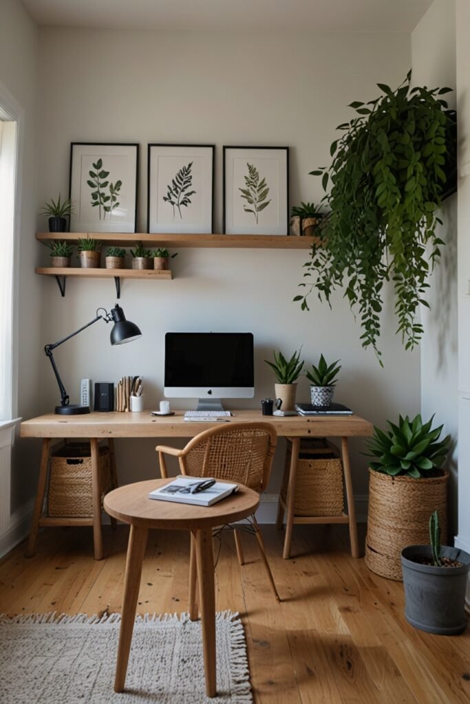 Home office with lush indoor plants and a calming atmosphere.