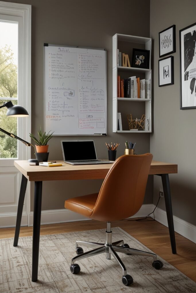 Home office with a large whiteboard for organizing tasks and projects.