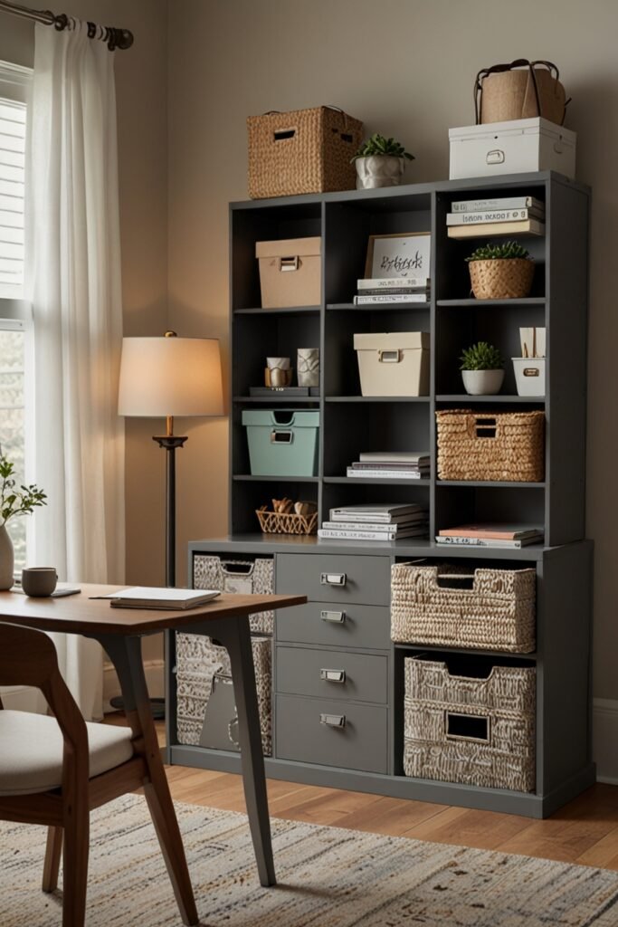 office with chic storage bins providing hidden storage.