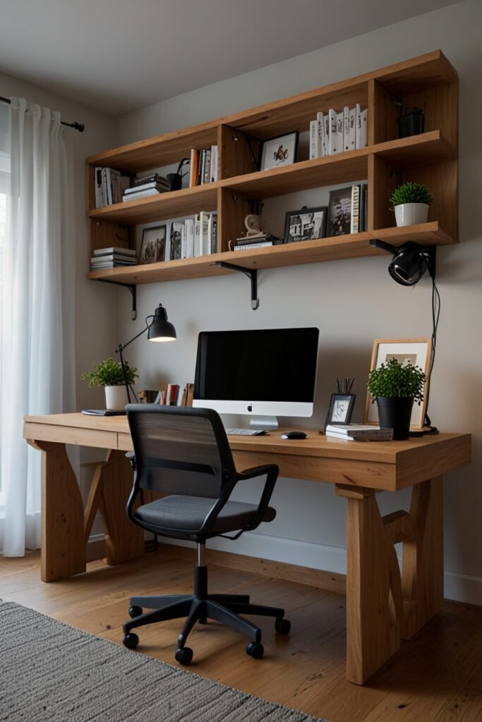 Clutter-free office desk with hidden cables and tidy storage.