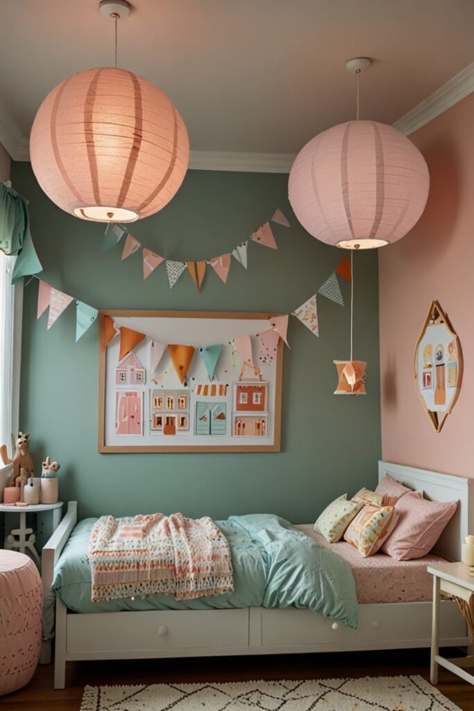 Whimsical kids room with colorful paper lanterns hanging from the ceiling.