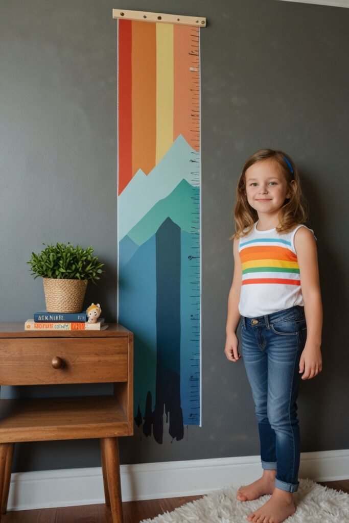 Easy DIY kids room with a hand-painted growth chart for tracking height.
