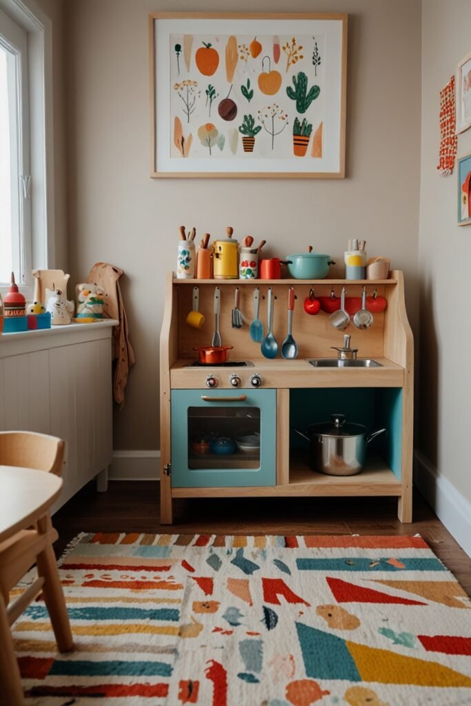 Whimsical kids room with a wooden play kitchen set for imaginative play.