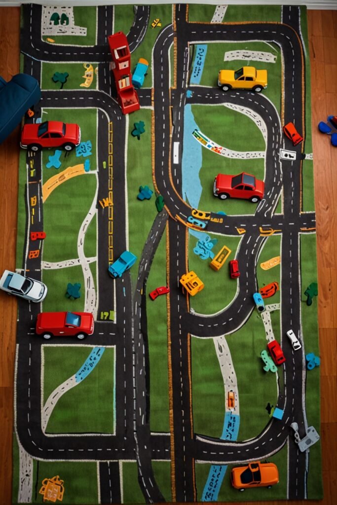 Whimsical kids room with a fun road map rug and playful decor.