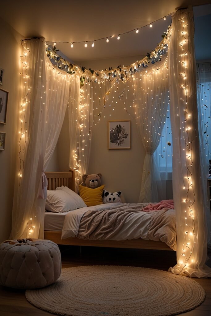 Whimsical kids room with a glowing fairy light canopy creating a dreamy ambiance.
