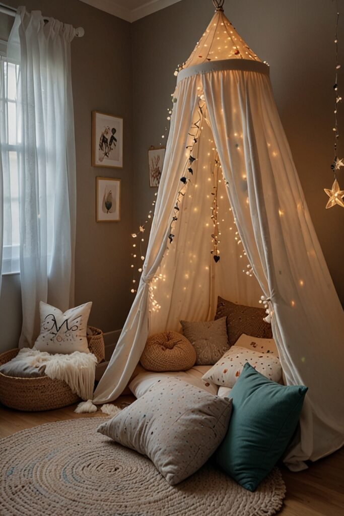 Whimsical kids room with a hanging tent playhouse for cozy play and relaxation.