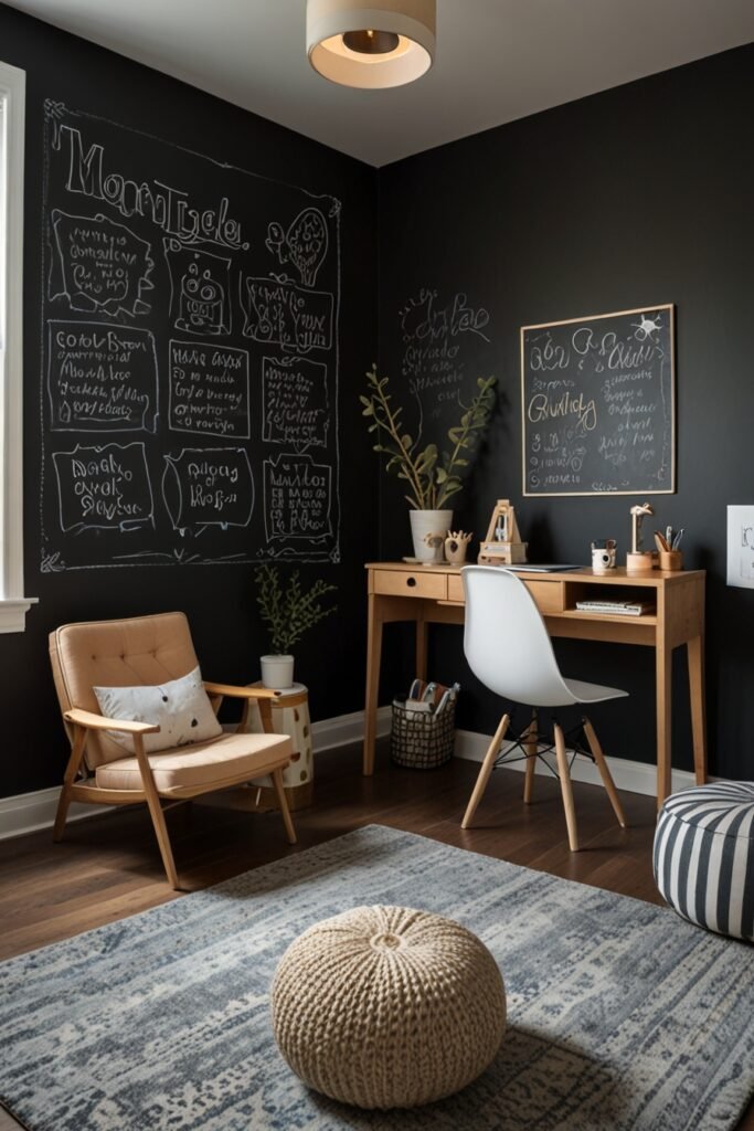 Whimsical kids room with a DIY chalkboard wall for drawing and writing.