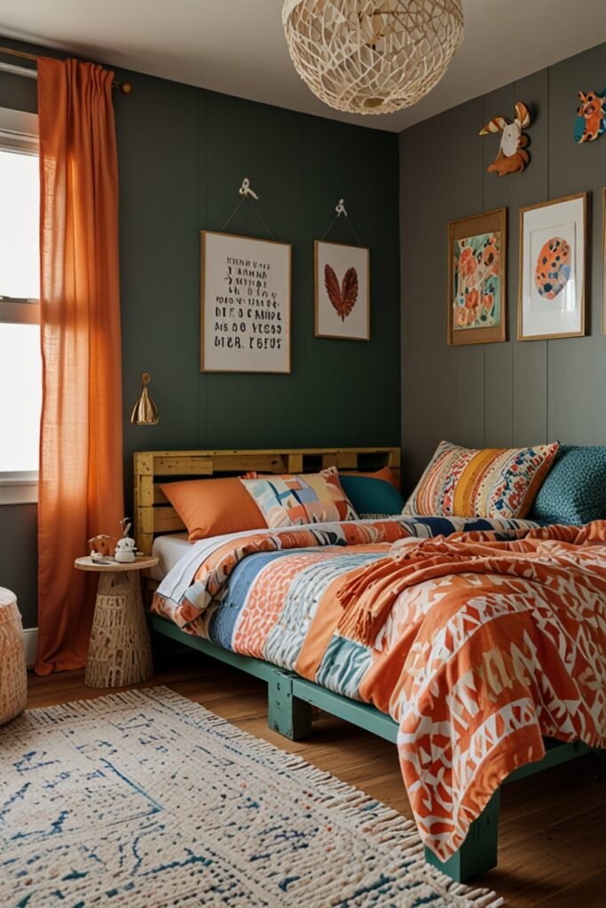 kids room with a custom-painted pallet bed frame for a budget-friendly bed.