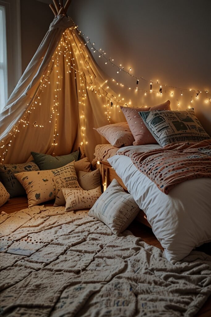 Cozy pillow fort filled with soft blankets and lights.