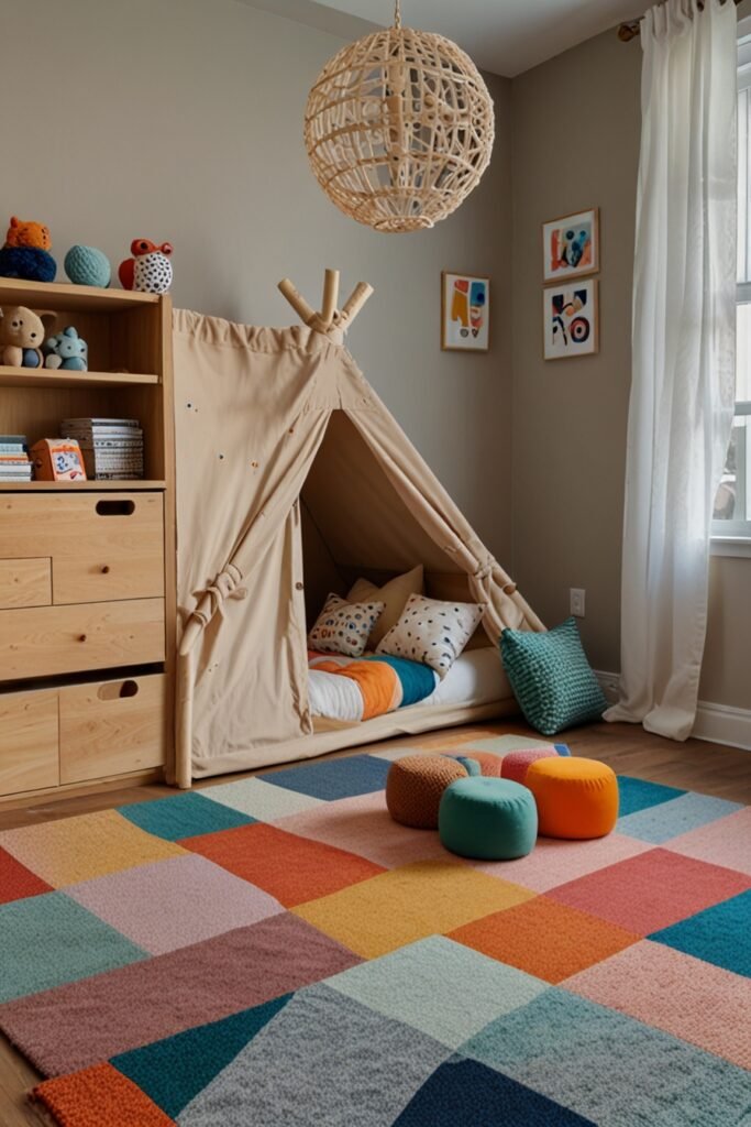 Whimsical kids room with an interactive play corner and mini climbing wall.