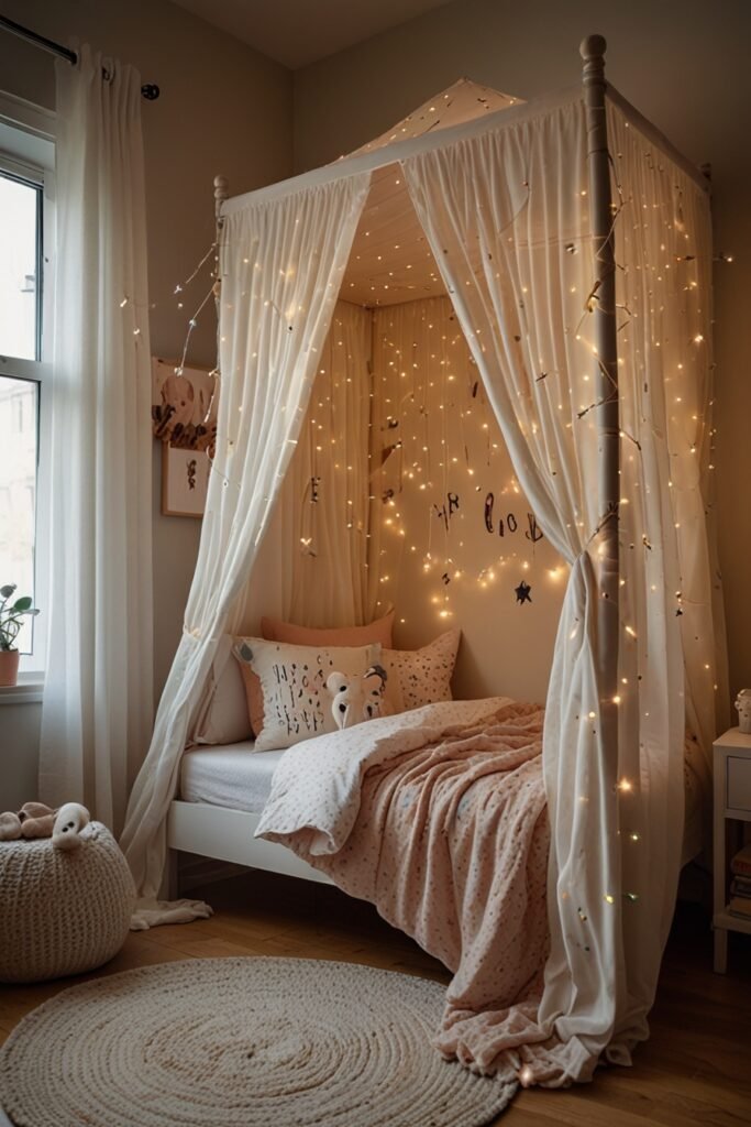 Whimsical kids room with a canopy bed and soft, dreamy décor.