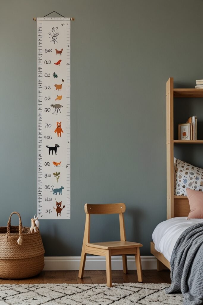 Whimsical kids room with a growth chart to track your child's height.