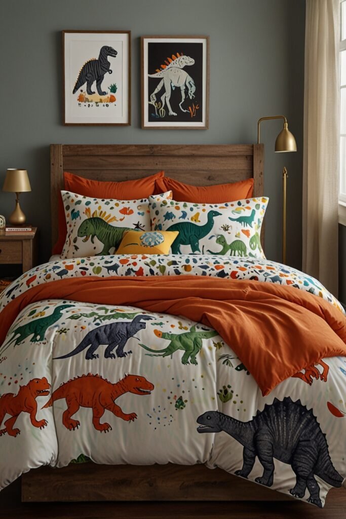 Whimsical kids room with playful dinosaur-themed bedding.