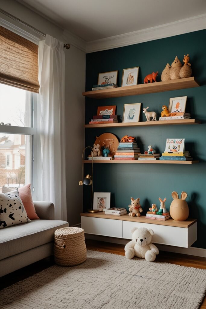 Whimsical kids room with floating shelves and neatly organized items.