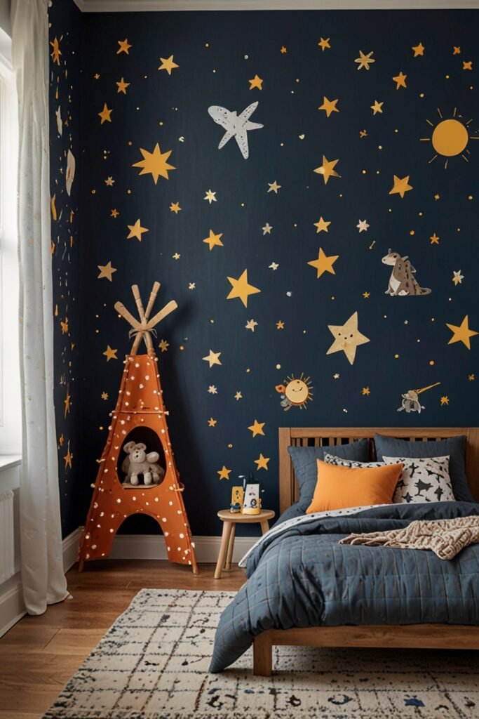 Whimsical kids room with removable wall decals of animals and stars.