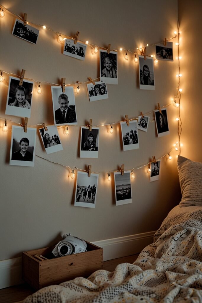 Easy DIY kids room with string lights and photos displayed on the wall.