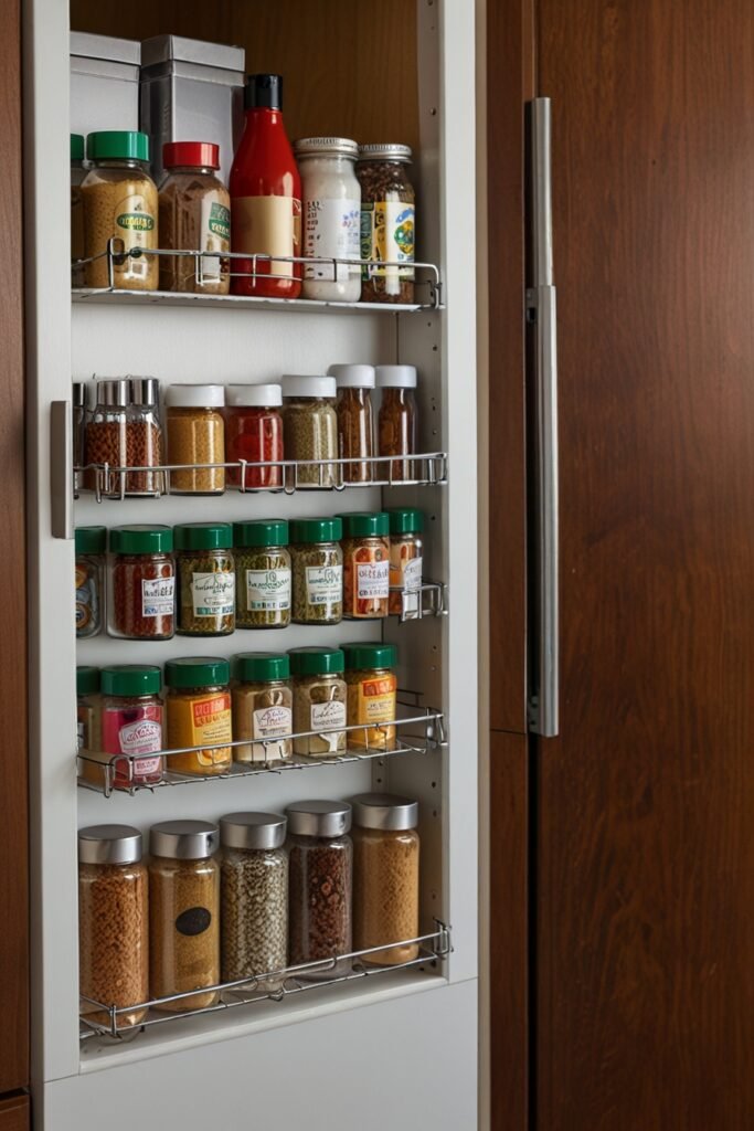 Mounted cabinet door organizer holding spices and kitchen supplies.