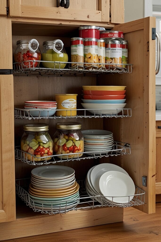 Tiered shelf organizer in a kitchen cabinet holding dishes and cans.