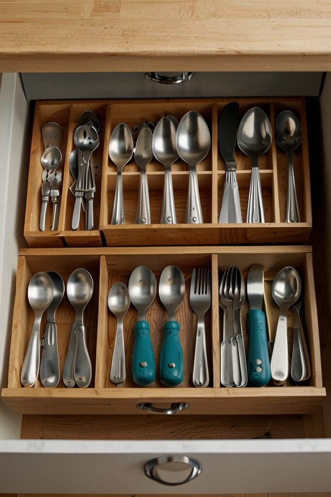 Organized kitchen drawer with adjustable dividers separating cutlery and utensils.