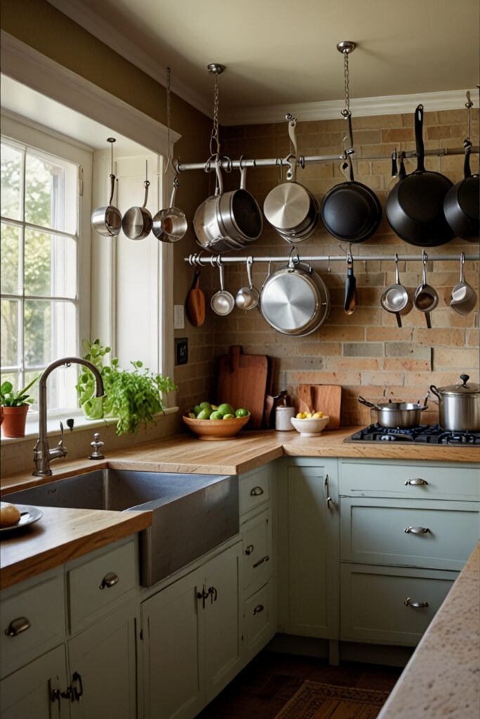 Overhead pot rack hanging pots and pans in an organized kitchen.