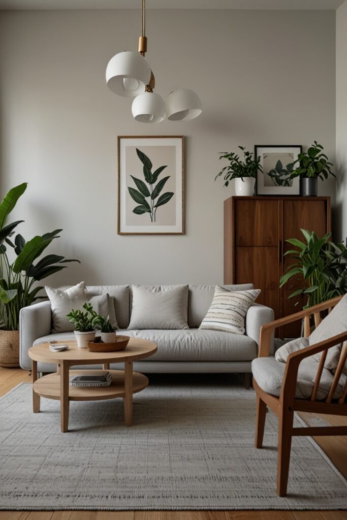 Living room with light gray and white walls, wooden furniture, and green plants in a minimalist Scandinavian style.