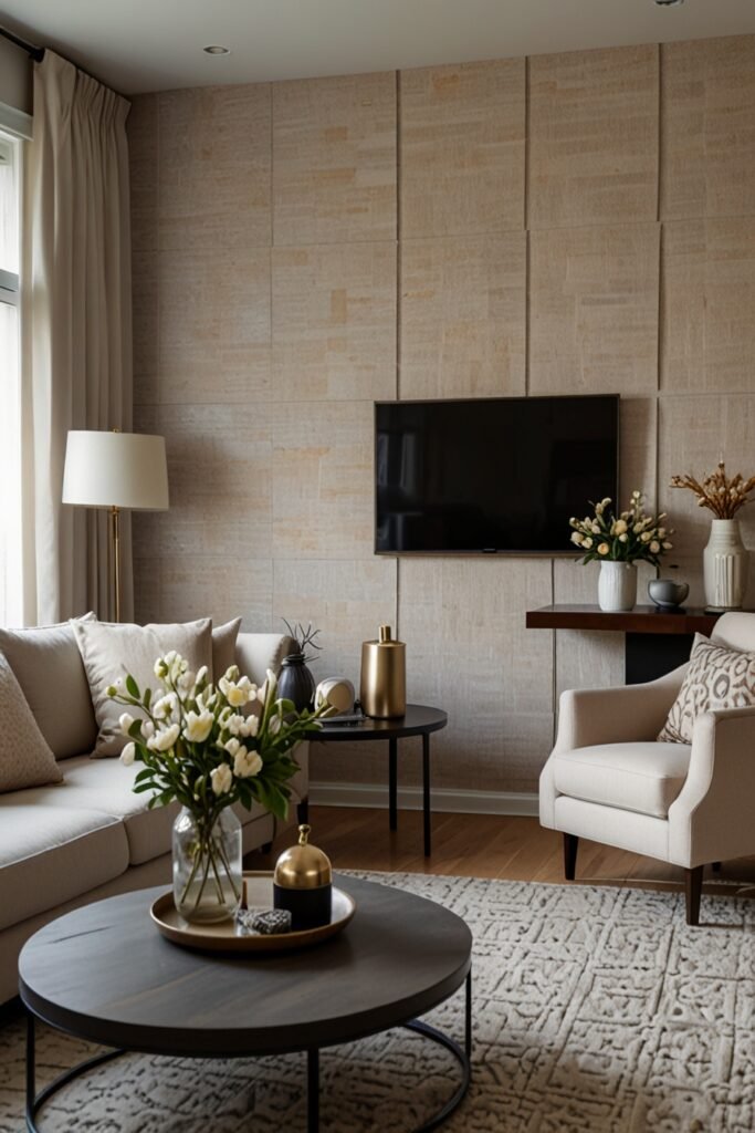 DIY fabric wall panels in a living room, creating a textured and cozy atmosphere.