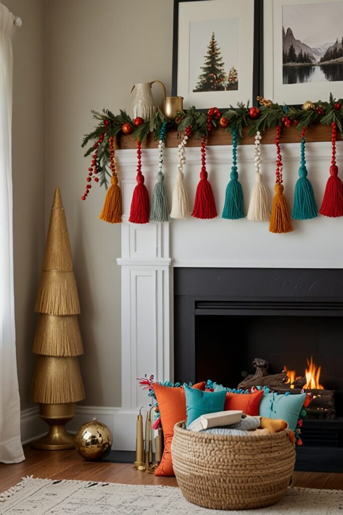 colorful tassel garland hanging in a living room, brightening up the space.
