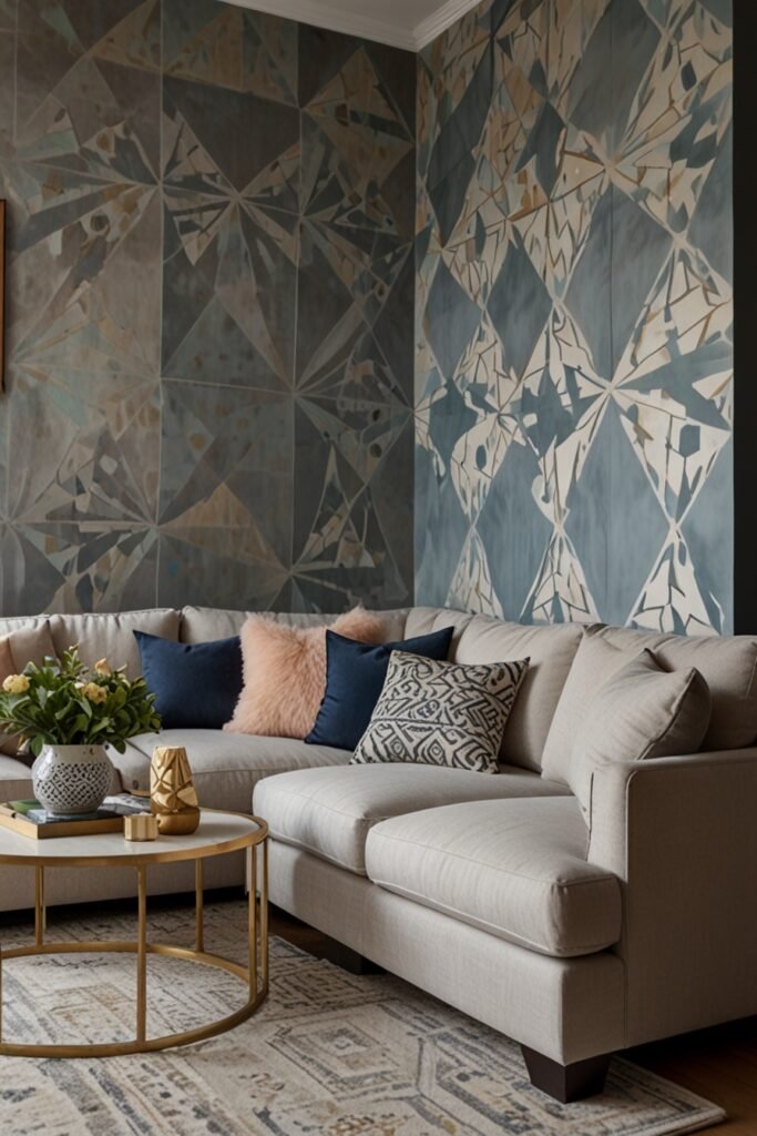 DIY stenciled feature wall in a living room with geometric designs, enhancing the space.