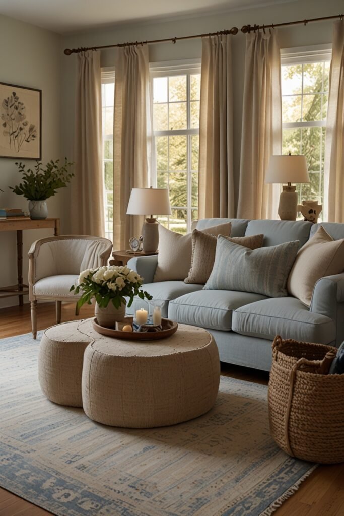 Scandinavian living room with soft blue accents, neutral furniture, and cozy textures.