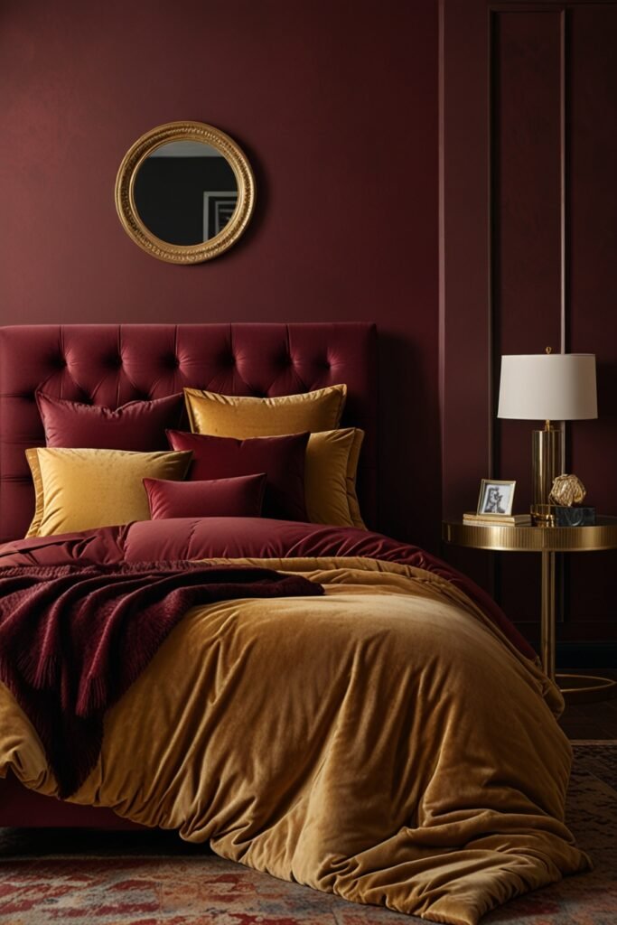 A rich bedroom featuring burgundy walls, velvet bedding, and gold accents for a luxurious atmosphere.