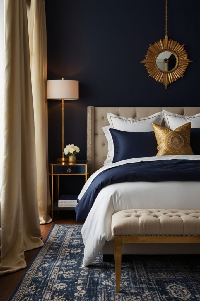 A stylish bedroom featuring navy blue walls, a white bed with gold details, and luxurious decor.