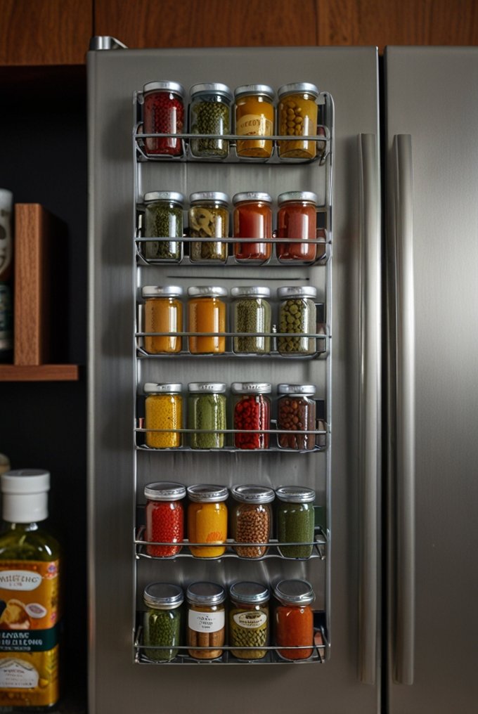 Magnetic spice rack with metal containers on a refrigerator.
