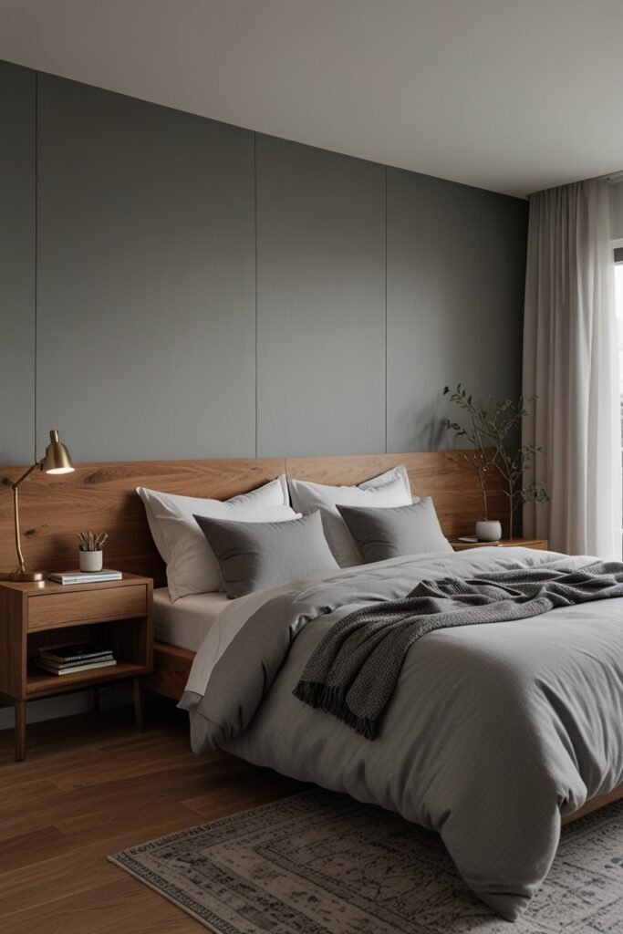 A cozy bedroom with light gray walls, soft bedding, and wooden furniture for a neutral, relaxing environment.