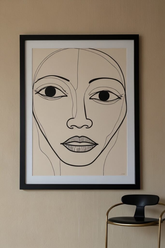 Minimalist line art print of an abstract face on a wall.