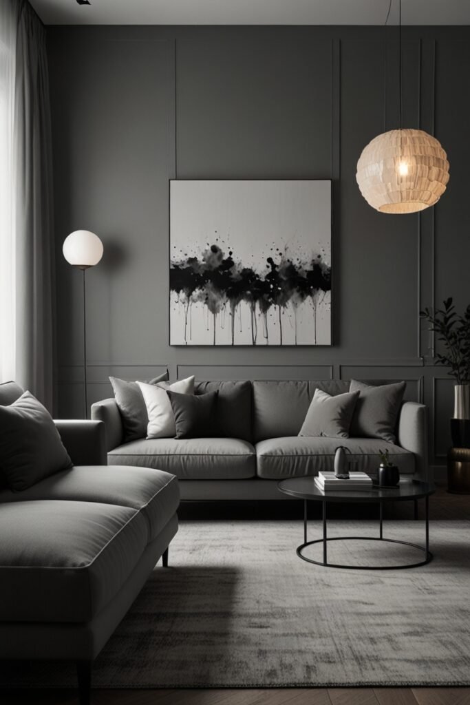 Monochrome minimalist living room design with tones of gray for a calm and sophisticated atmosphere.