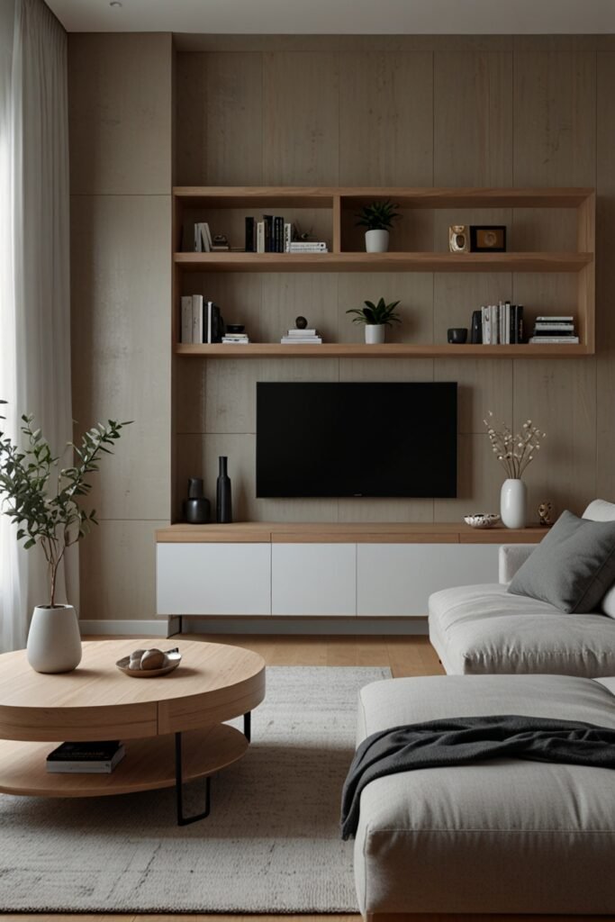 Decluttered minimalist living room with essential furniture and open, clean spaces.