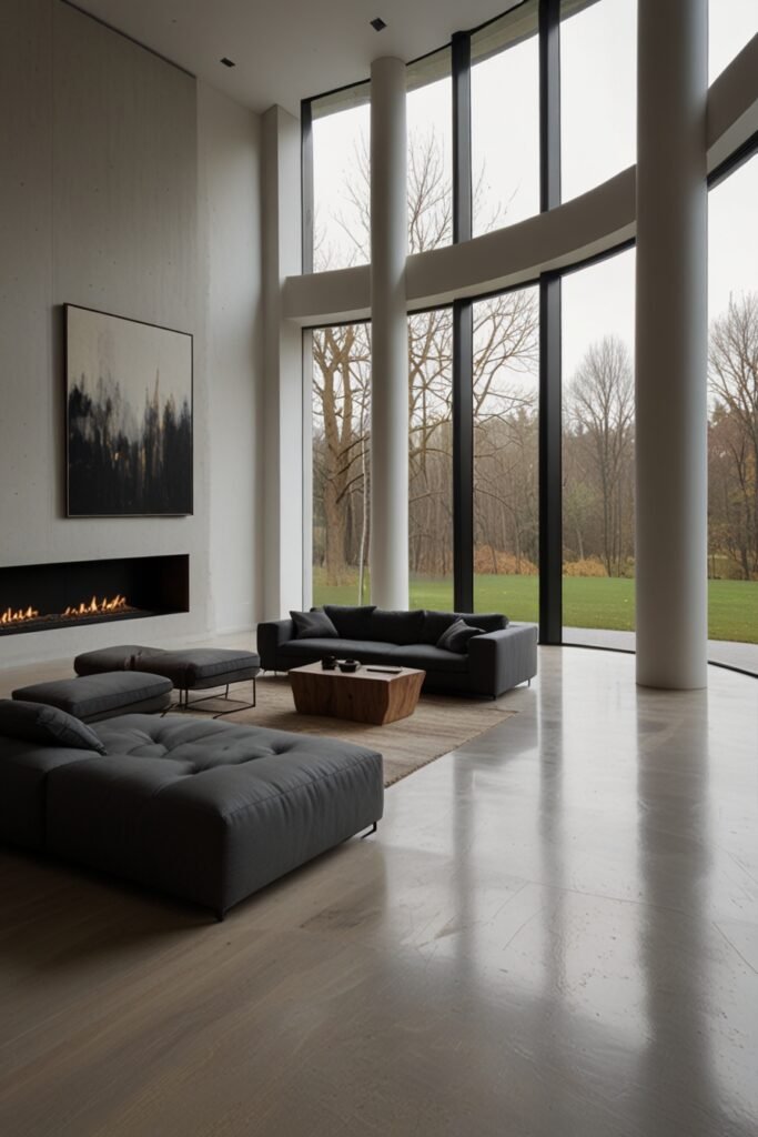 Minimalist living room with large windows for abundant natural light and an airy, spacious feel.
