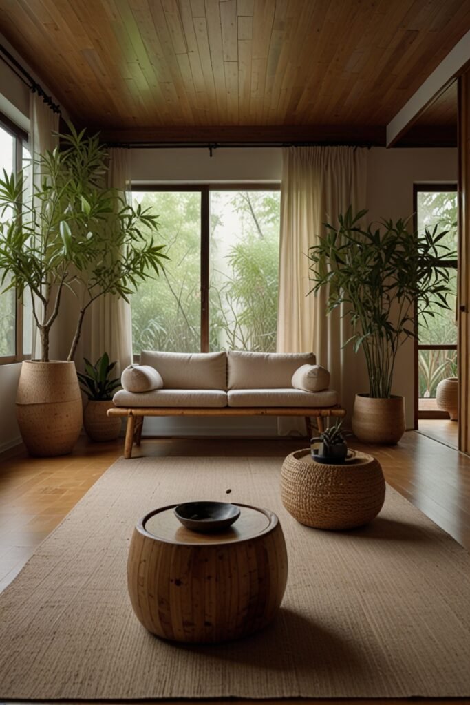 Zen-inspired minimalist living room with calming elements such as bamboo and plants for a peaceful atmosphere.