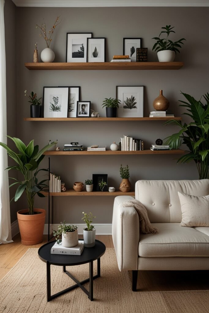 Minimalist open shelving in a living room with curated items for a sleek, tidy look.