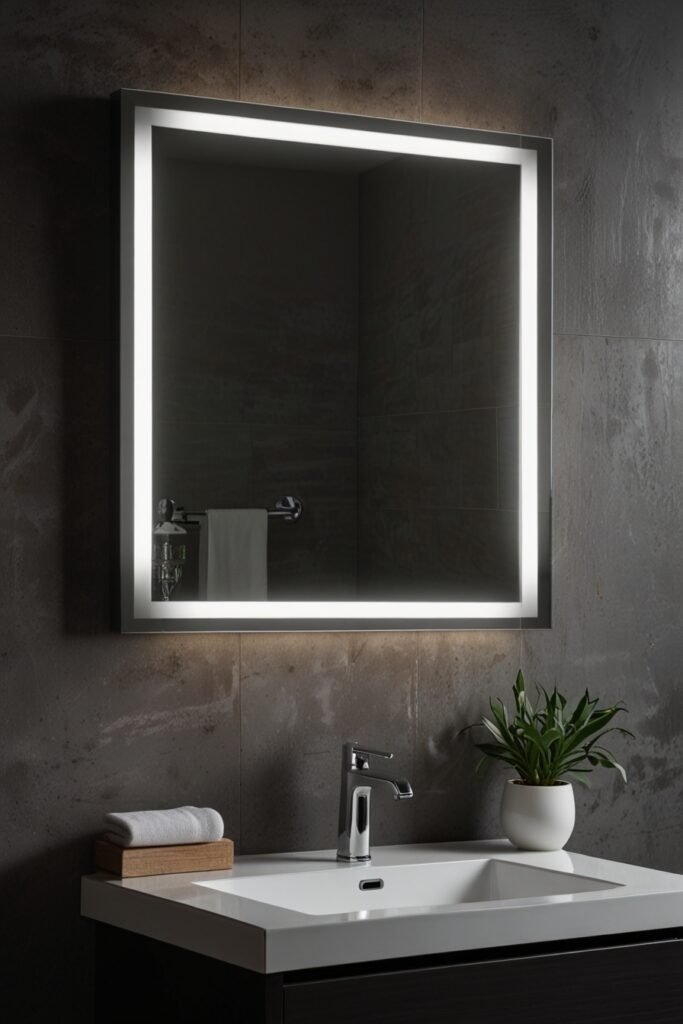 LED mirror with anti-fog feature in a modern bathroom.