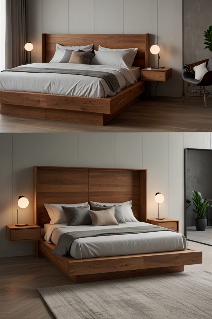 Bedroom with a headboard that opens to reveal storage for blankets and pillows.