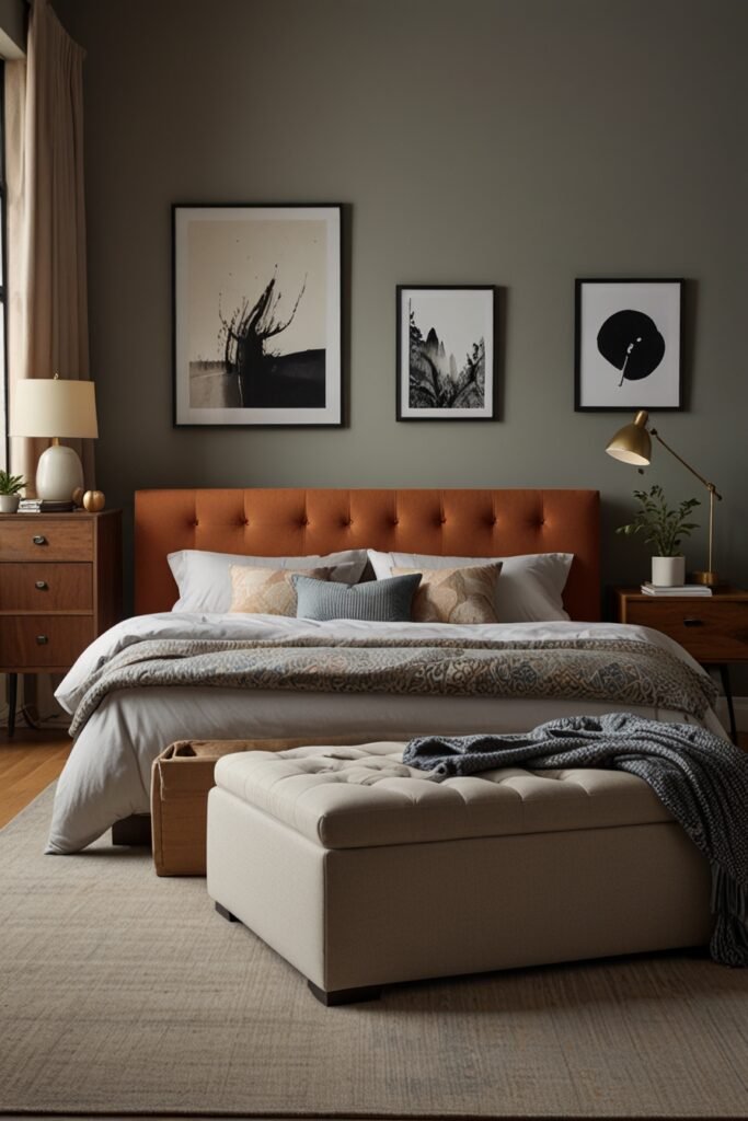 Storage ottoman in a bedroom, open and filled with extra bedding.