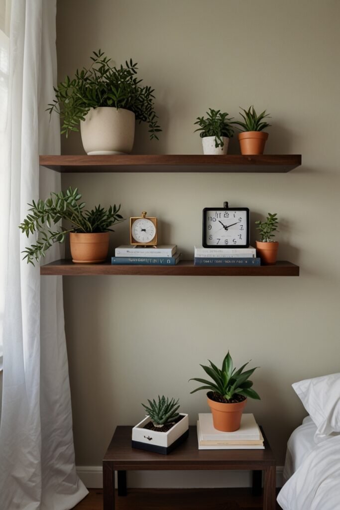 Floating wall shelves in a bedroom displaying books and decor items.