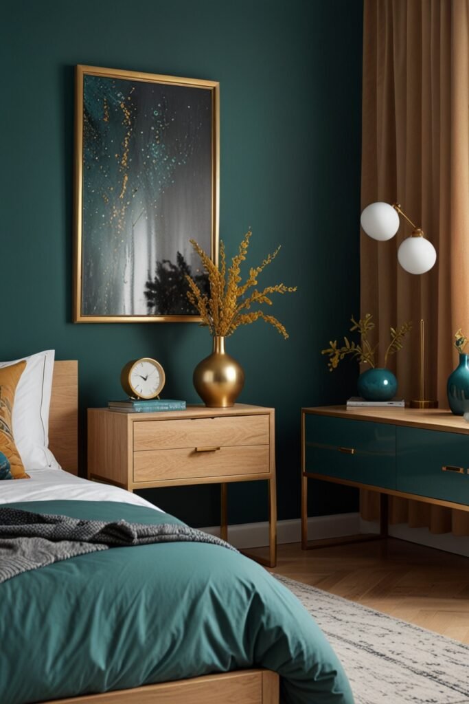 teal walls with light wood furniture and gold accents for a bold and stylish feel.