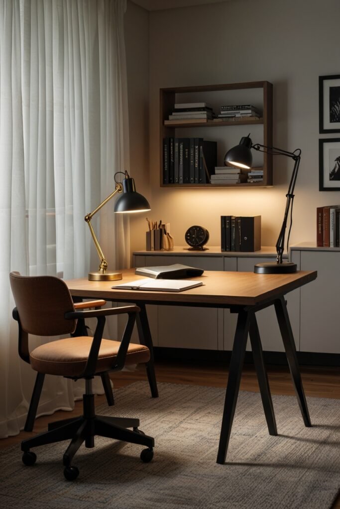Home office desk with adjustable task lighting for a cozy work environment.