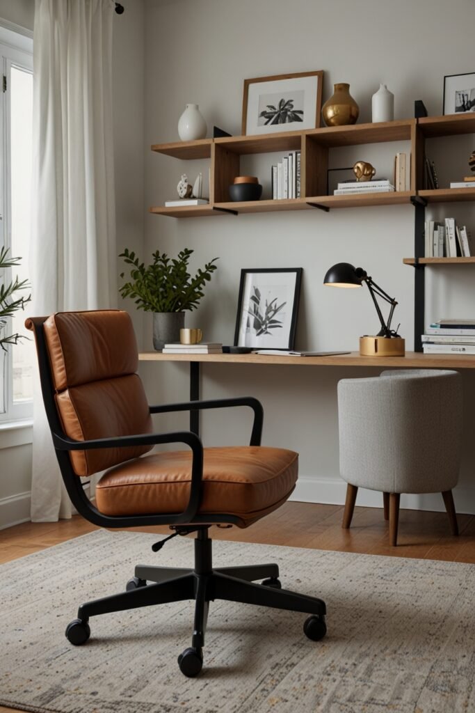 Home office with an ergonomic chair and minimalist desk setup.