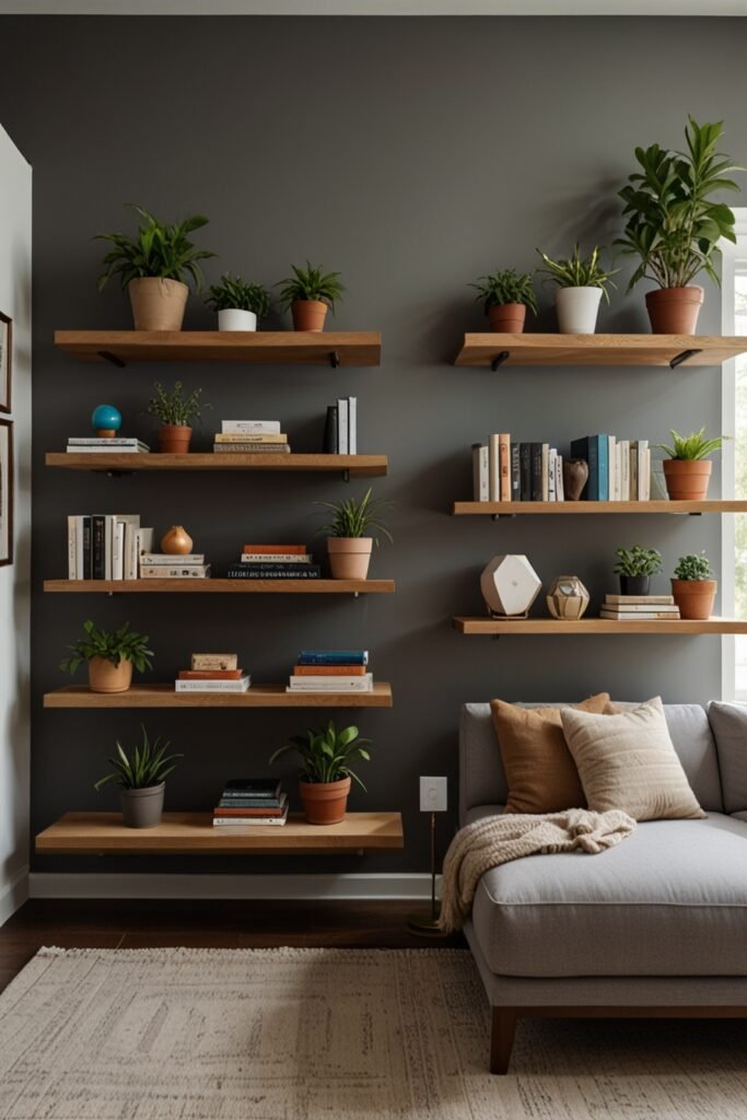 floating shelves in a living room with books and plants, creating a sleek and organized space.